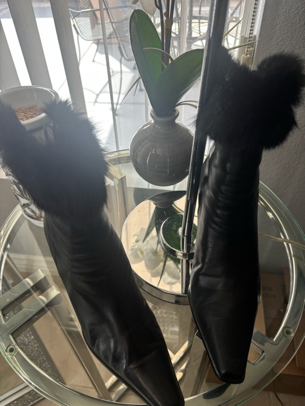 Valerie Stevens Black Leather Ankle Boots with Faux-Fur Trim